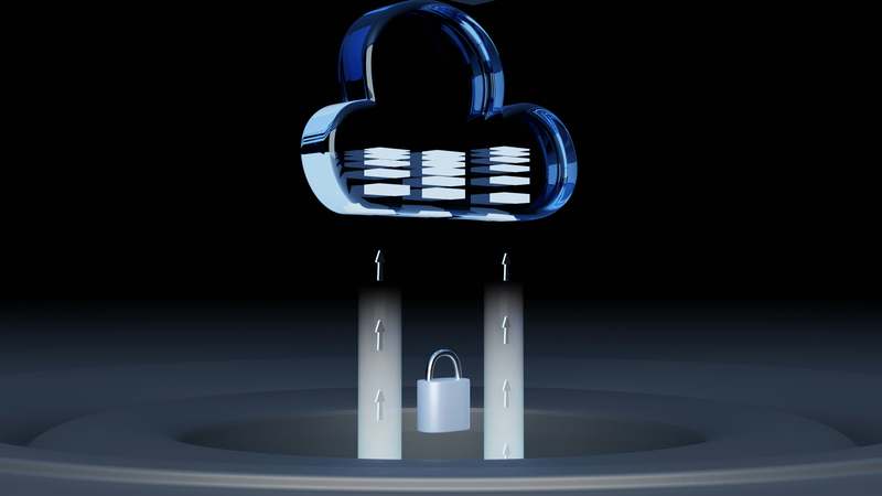 Abstract blue digital lock icon overlaid on a clean cloud infrastructure diagram with shield and encryption symbols